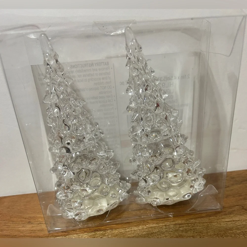 NEW Set of 2 Clear Plastic Light Up Christmas Trees Color Changes 4.5”